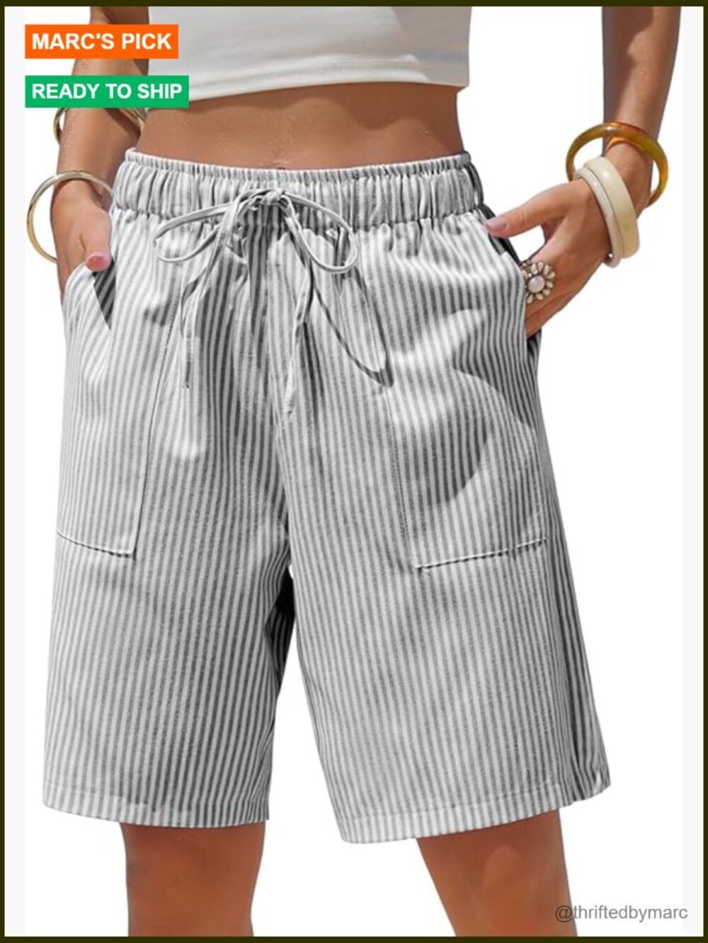 Striped Bermuda Shorts Cotton Linen Drawstring Elastic Waist Pockets Summer